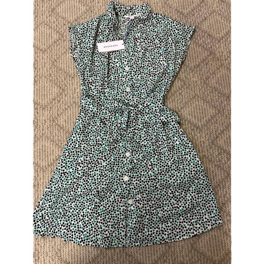 Popsugar vintage style classic belt button down dress green white print